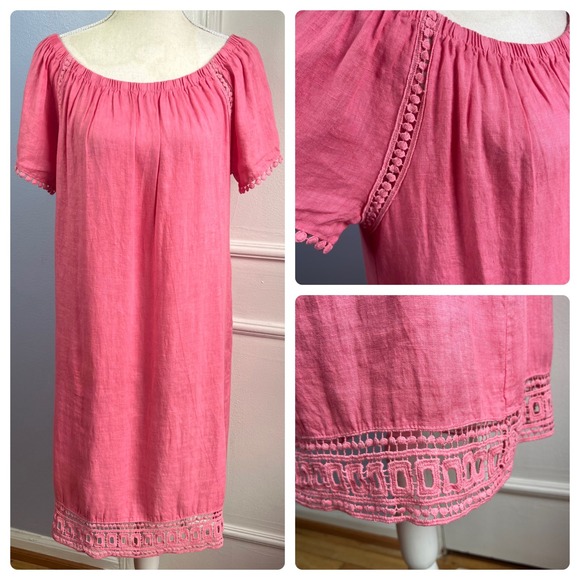 Anthropologie Luisa Perla Linen Dress Italy Coral Pink Eyelet Lace Womens Size M - Picture 1 of 10